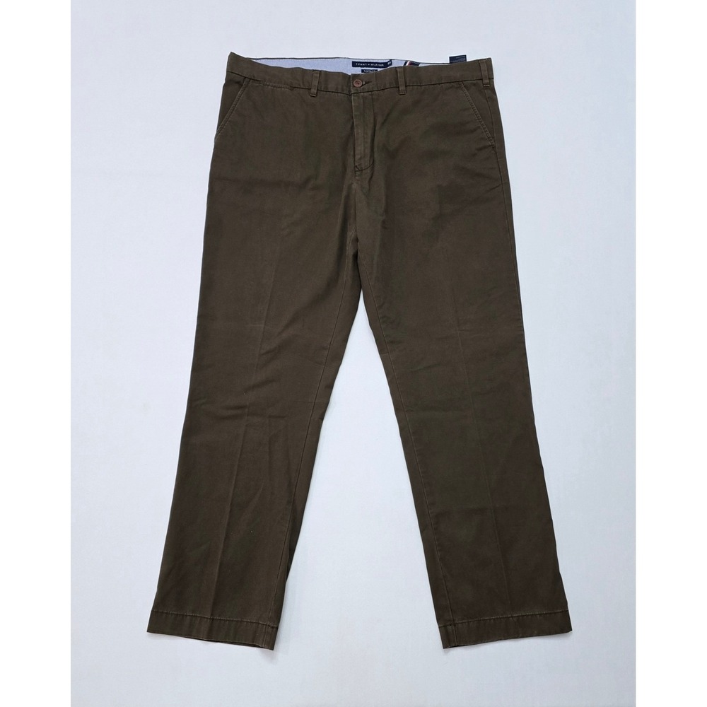 Tommy Hilfiger Custom Fit Chino Pants Mens 40x32 Brown Olive Flat Front Trousers